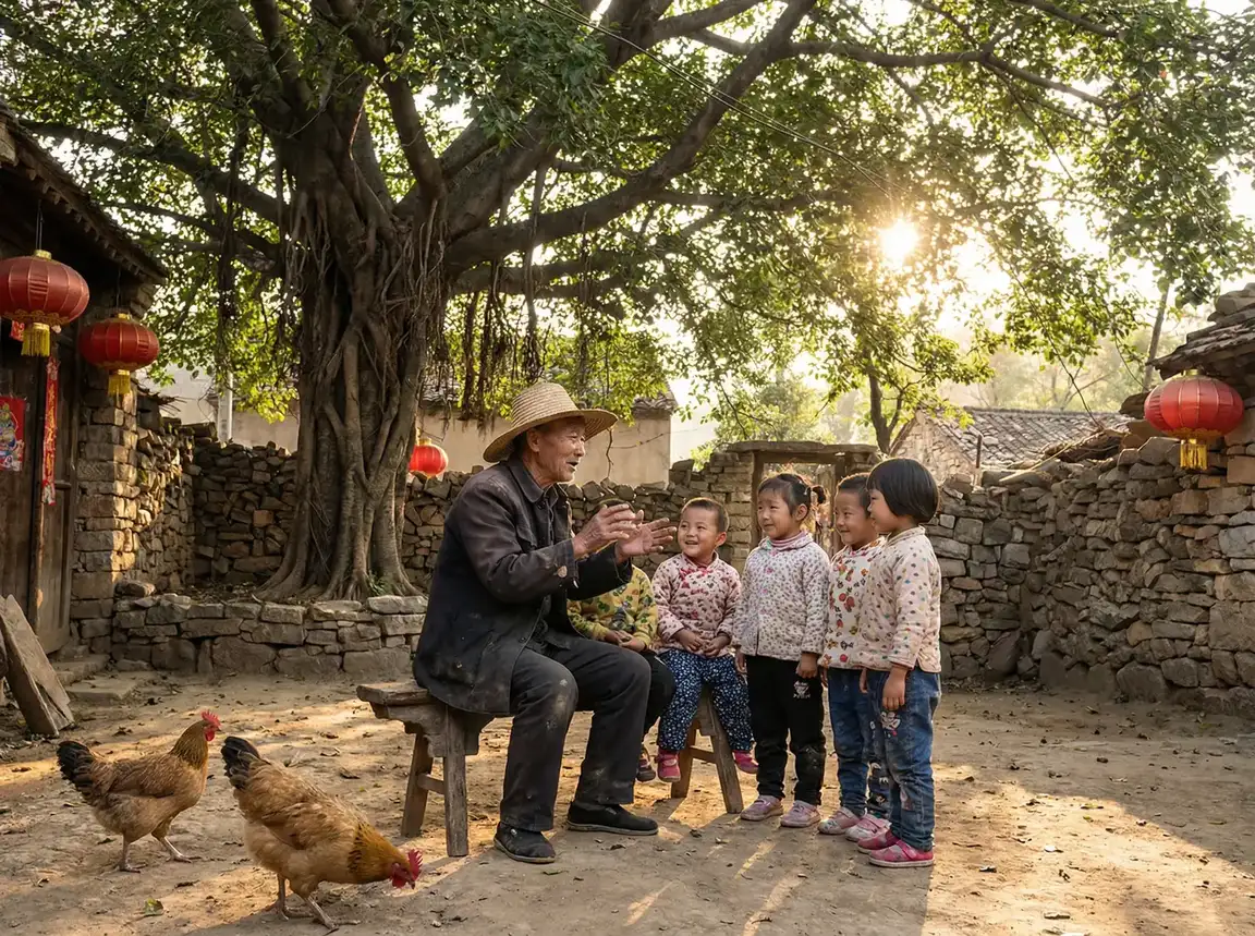 老人在大榕树下给孩子们讲故事 - 换妻游戏 乡村记忆